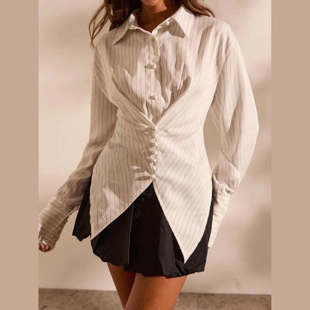 Cream Pinstripe Ruched Front Asymmetric Hem Long Sleeve Blouse